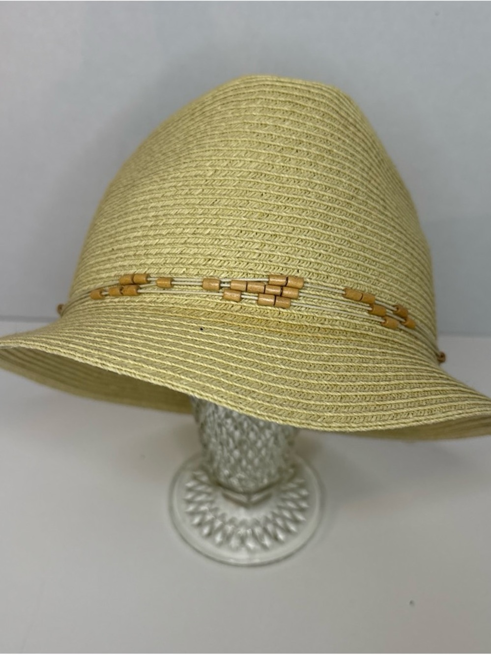Nine West Straw Sun Hat with Wooden Bead Trim - Beige
